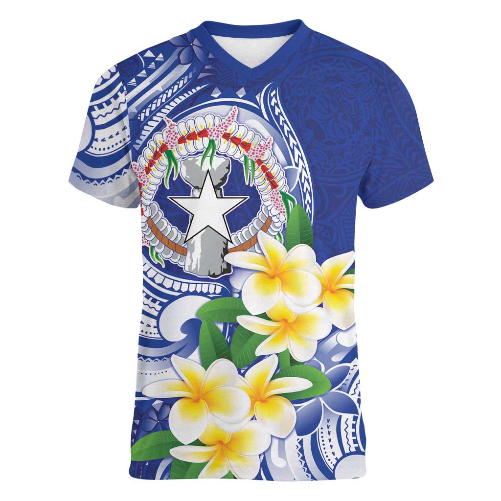 Northern Mariana Islands Women V-Neck T-Shirt Polynesian Pattern With Frangipani LT05 Female Navy - Polynesian Pride