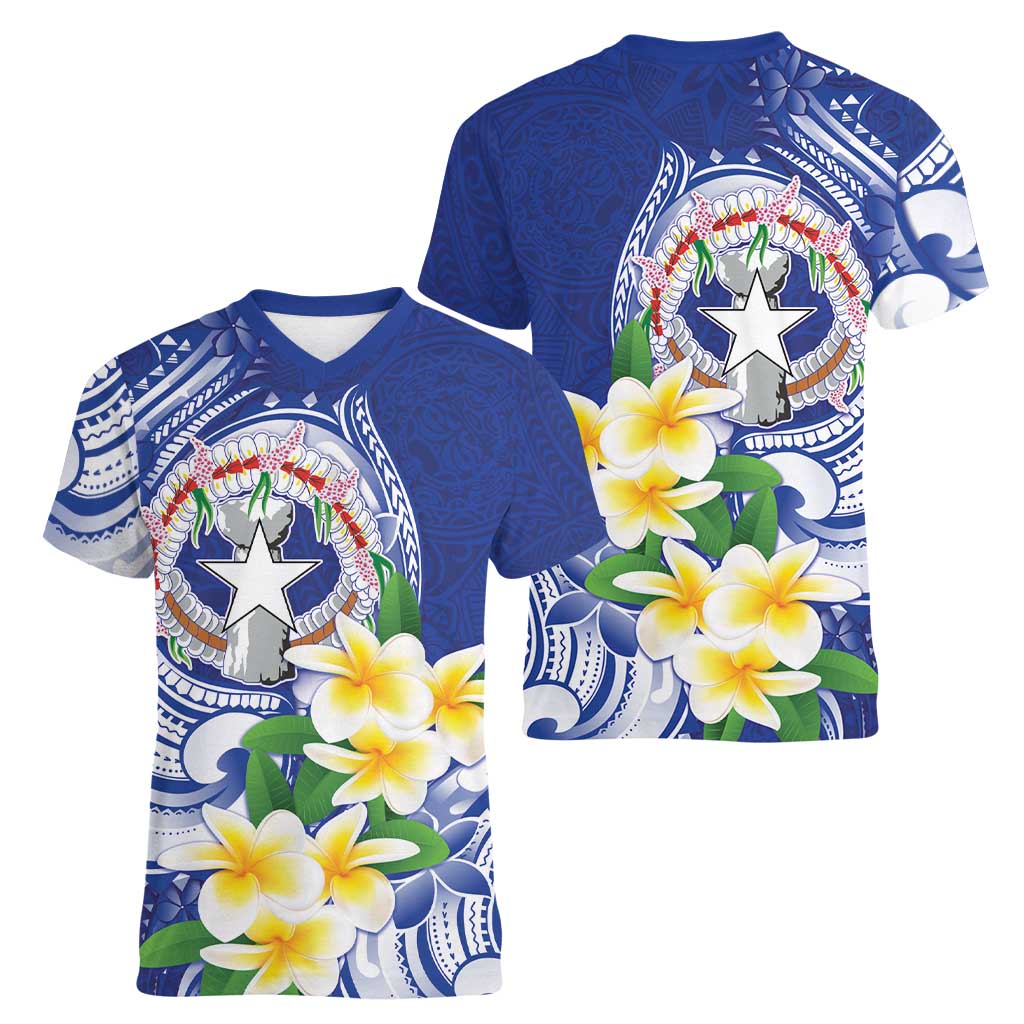 Northern Mariana Islands Women V-Neck T-Shirt Polynesian Pattern With Frangipani LT05 - Polynesian Pride