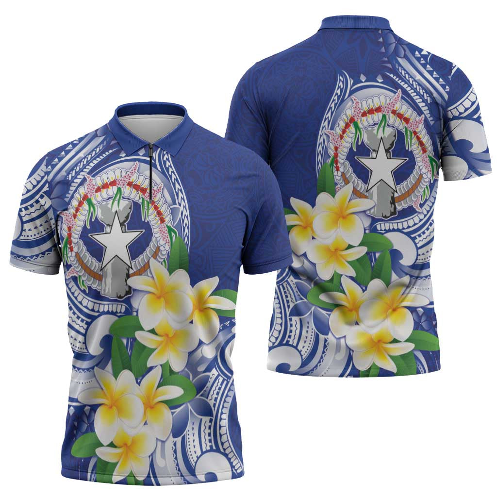 Northern Mariana Islands Zipper Polo Shirt Polynesian Pattern With Frangipani LT05 - Polynesian Pride