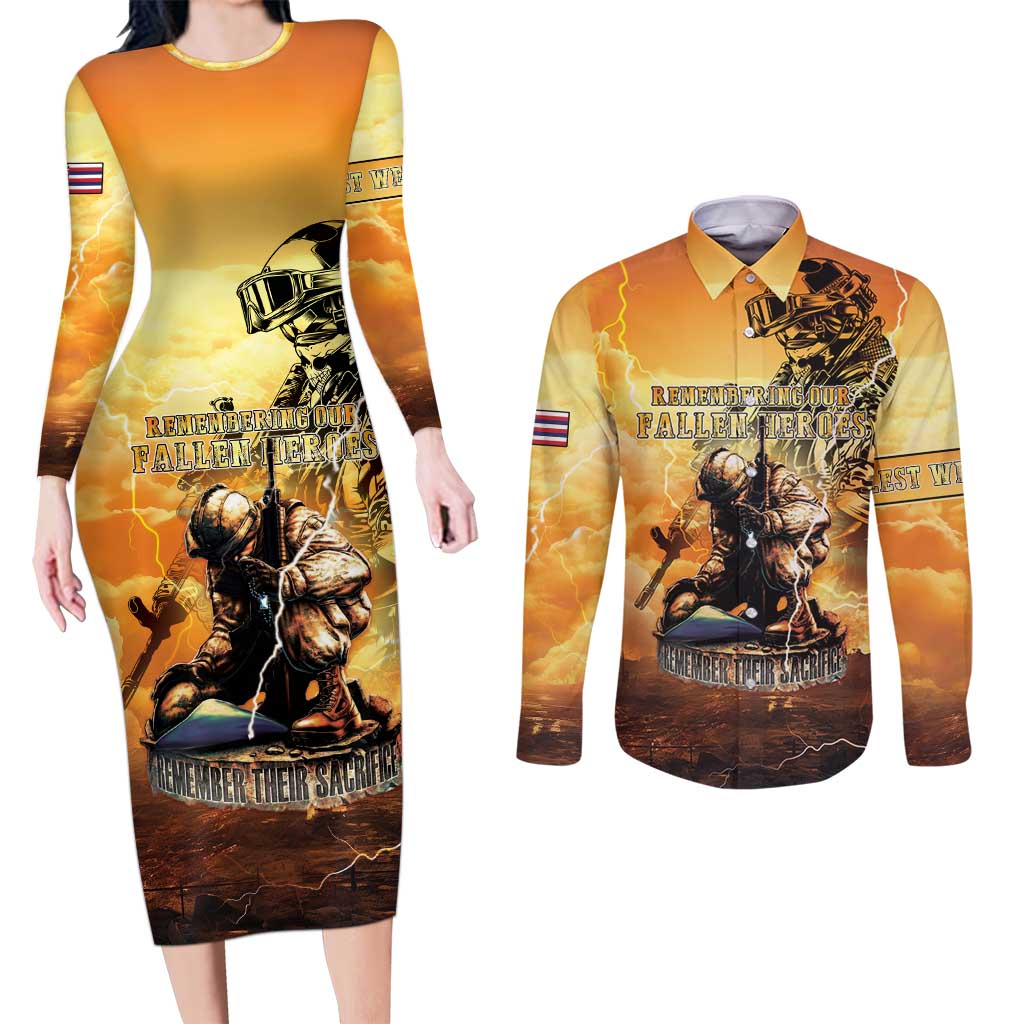 Hawaii Memorial Day Couples Matching Long Sleeve Bodycon Dress and Long Sleeve Button Shirt Remember Their Sacrifice