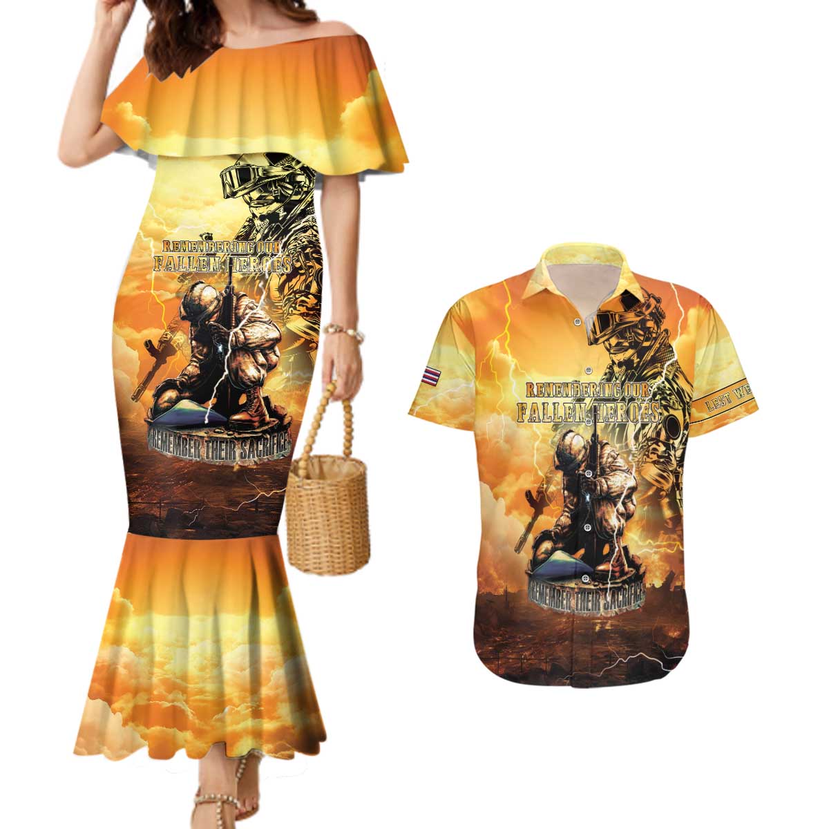 Hawaii Memorial Day Couples Matching Mermaid Dress and Hawaiian Shirt Remember Their Sacrifice LT05 Yellow - Polynesian Pride