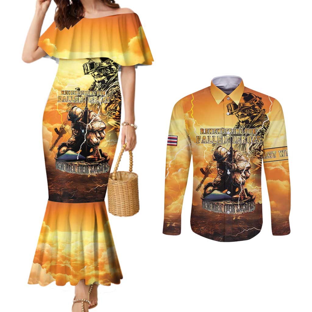 Hawaii Memorial Day Couples Matching Mermaid Dress and Long Sleeve Button Shirt Remember Their Sacrifice LT05 Yellow - Polynesian Pride