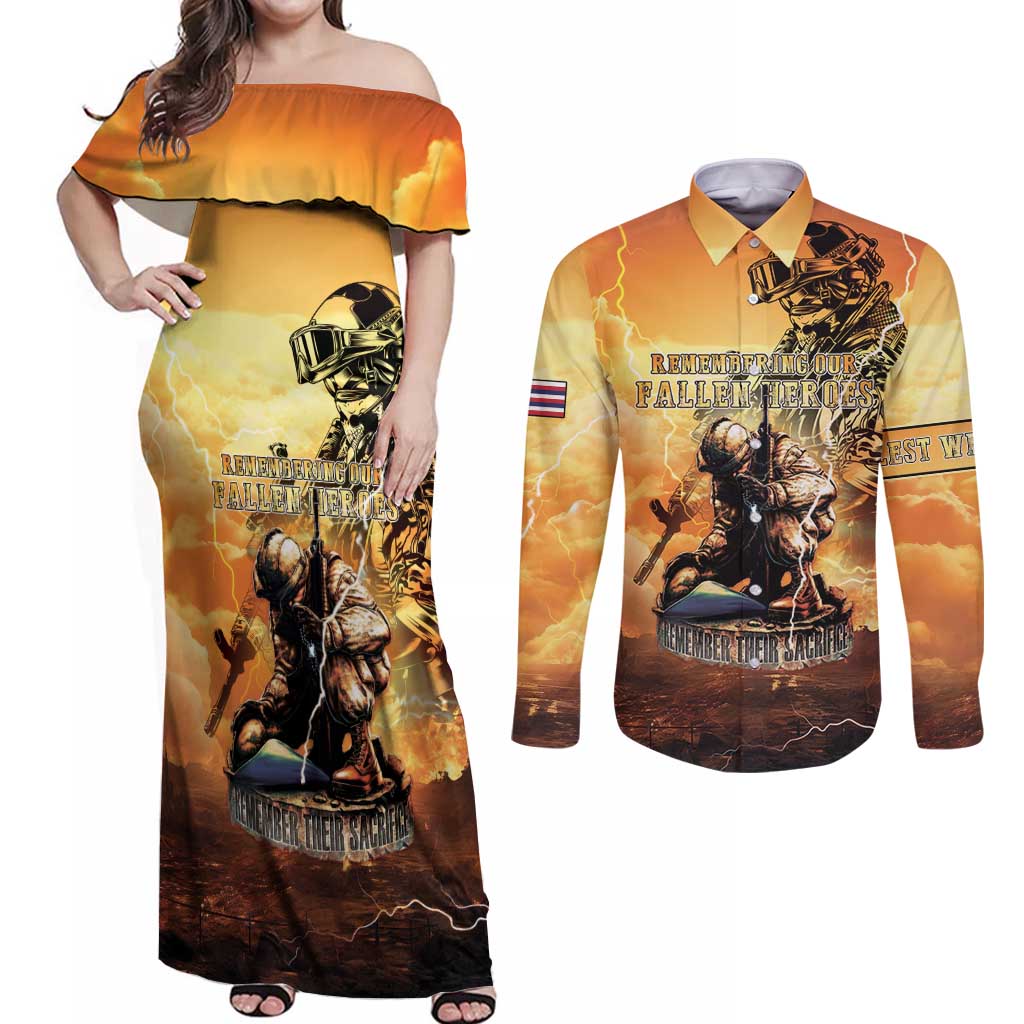 Hawaii Memorial Day Couples Matching Off Shoulder Maxi Dress and Long Sleeve Button Shirt Remember Their Sacrifice LT05 Yellow - Polynesian Pride