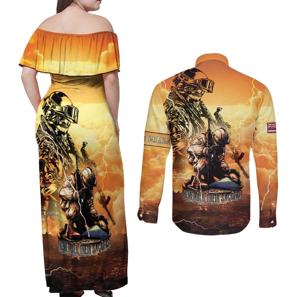 Hawaii Memorial Day Couples Matching Off Shoulder Maxi Dress and Long Sleeve Button Shirt Remember Their Sacrifice LT05 - Polynesian Pride