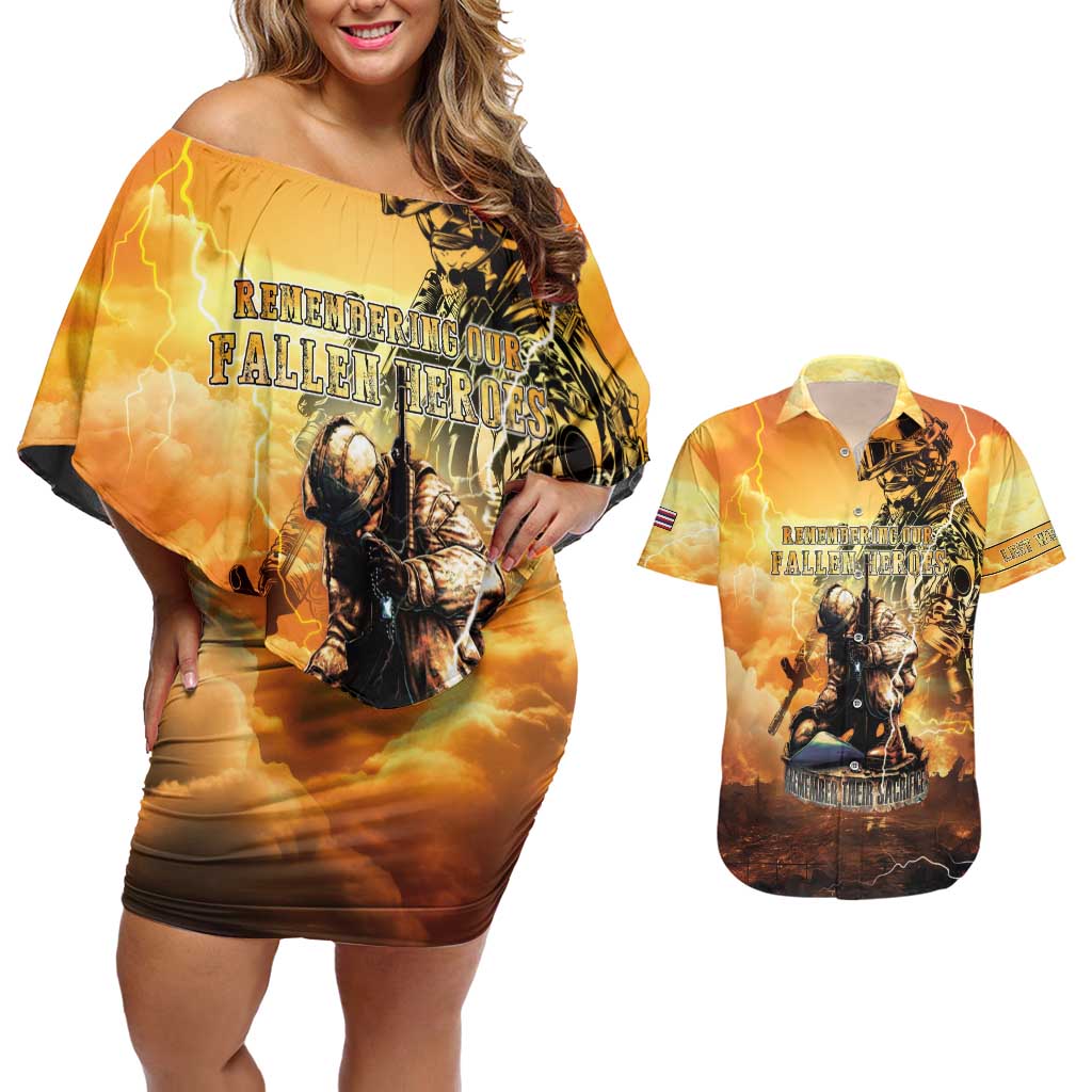 Hawaii Memorial Day Couples Matching Off Shoulder Short Dress and Hawaiian Shirt Remember Their Sacrifice LT05 Yellow - Polynesian Pride