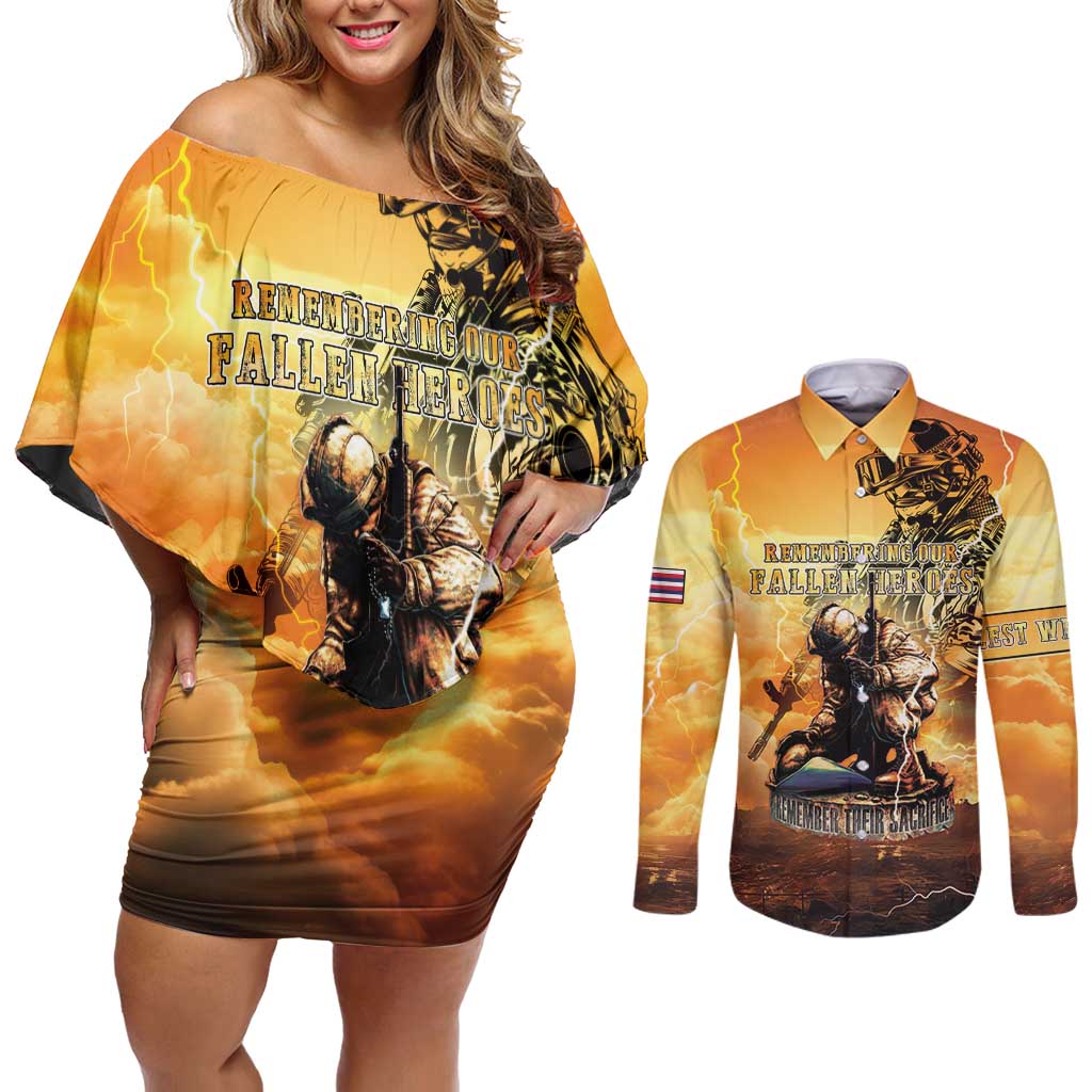 Hawaii Memorial Day Couples Matching Off Shoulder Short Dress and Long Sleeve Button Shirt Remember Their Sacrifice LT05 Yellow - Polynesian Pride