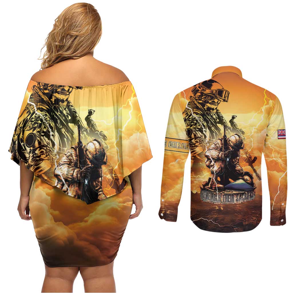 Hawaii Memorial Day Couples Matching Off Shoulder Short Dress and Long Sleeve Button Shirt Remember Their Sacrifice LT05 - Polynesian Pride