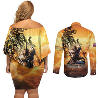 Hawaii Memorial Day Couples Matching Off Shoulder Short Dress and Long Sleeve Button Shirt Remember Their Sacrifice LT05 - Polynesian Pride