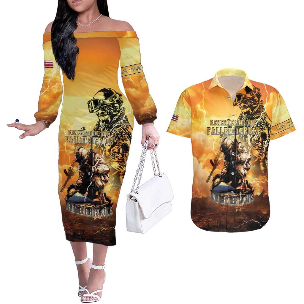 Hawaii Memorial Day Couples Matching Off The Shoulder Long Sleeve Dress and Hawaiian Shirt Remember Their Sacrifice LT05 Yellow - Polynesian Pride