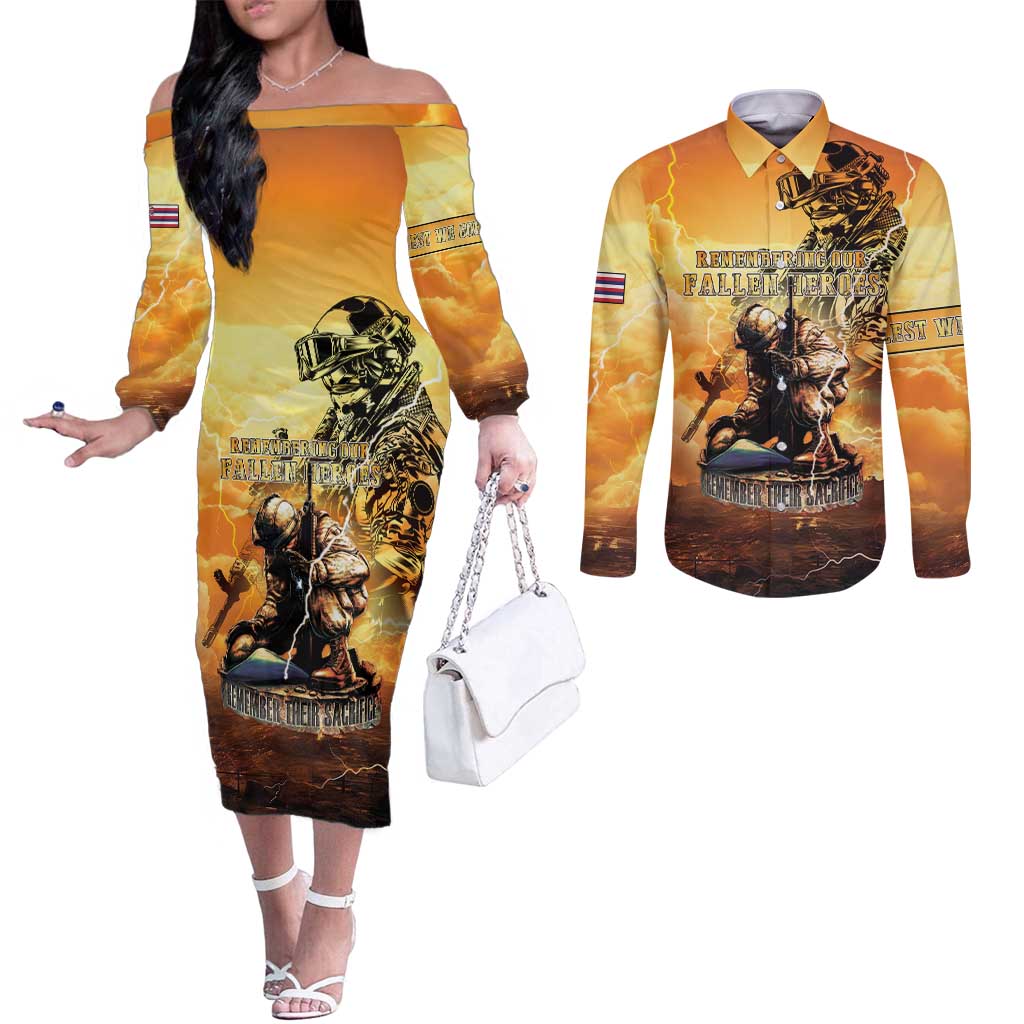 Hawaii Memorial Day Couples Matching Off The Shoulder Long Sleeve Dress and Long Sleeve Button Shirt Remember Their Sacrifice
