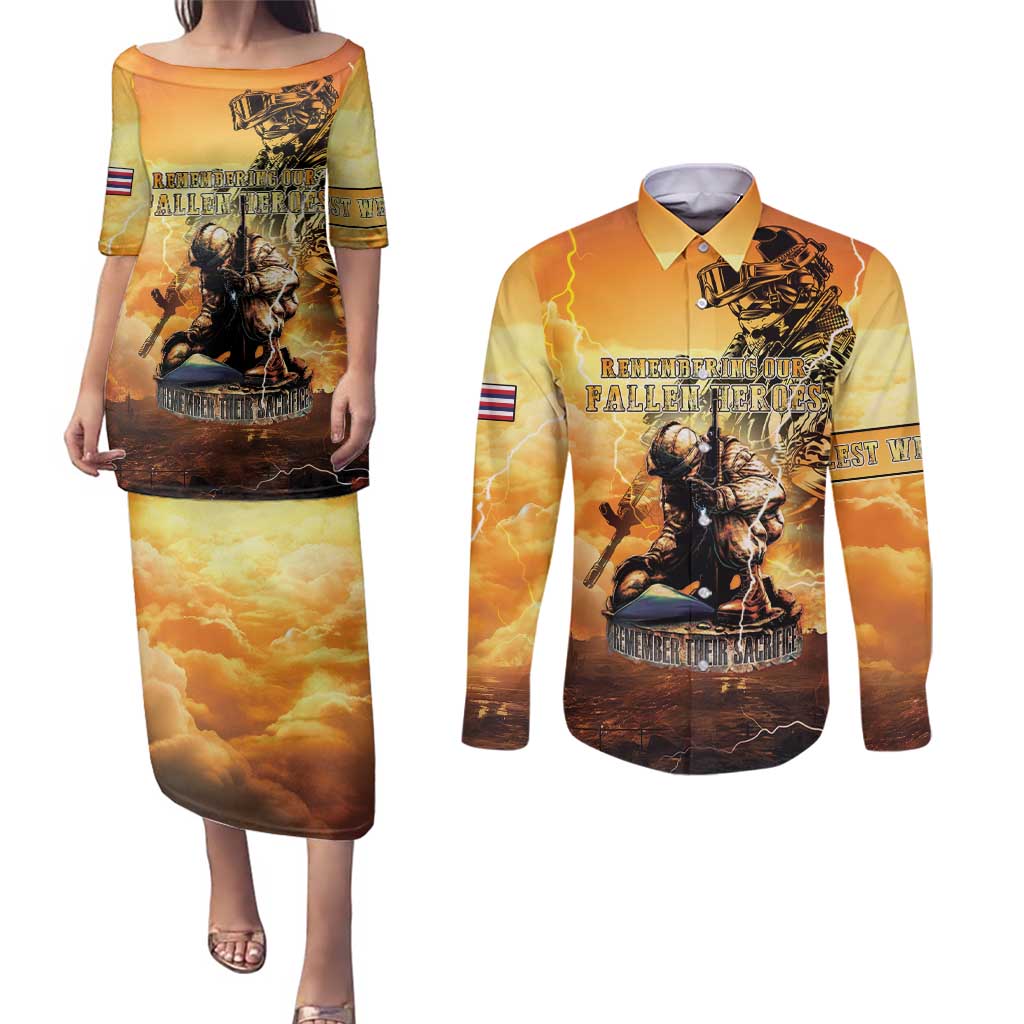 Hawaii Memorial Day Couples Matching Puletasi and Long Sleeve Button Shirt Remember Their Sacrifice LT05 Yellow - Polynesian Pride