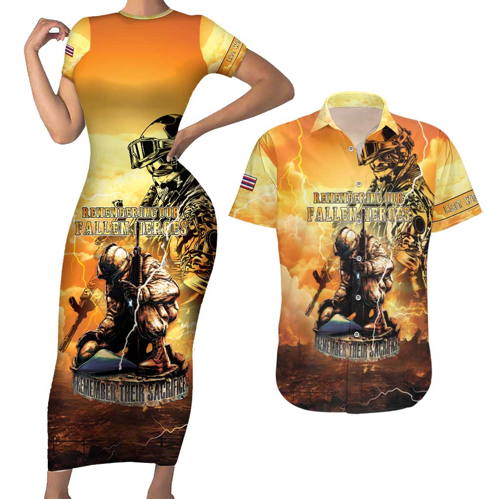 Hawaii Memorial Day Couples Matching Short Sleeve Bodycon Dress and Hawaiian Shirt Remember Their Sacrifice LT05 Yellow - Polynesian Pride