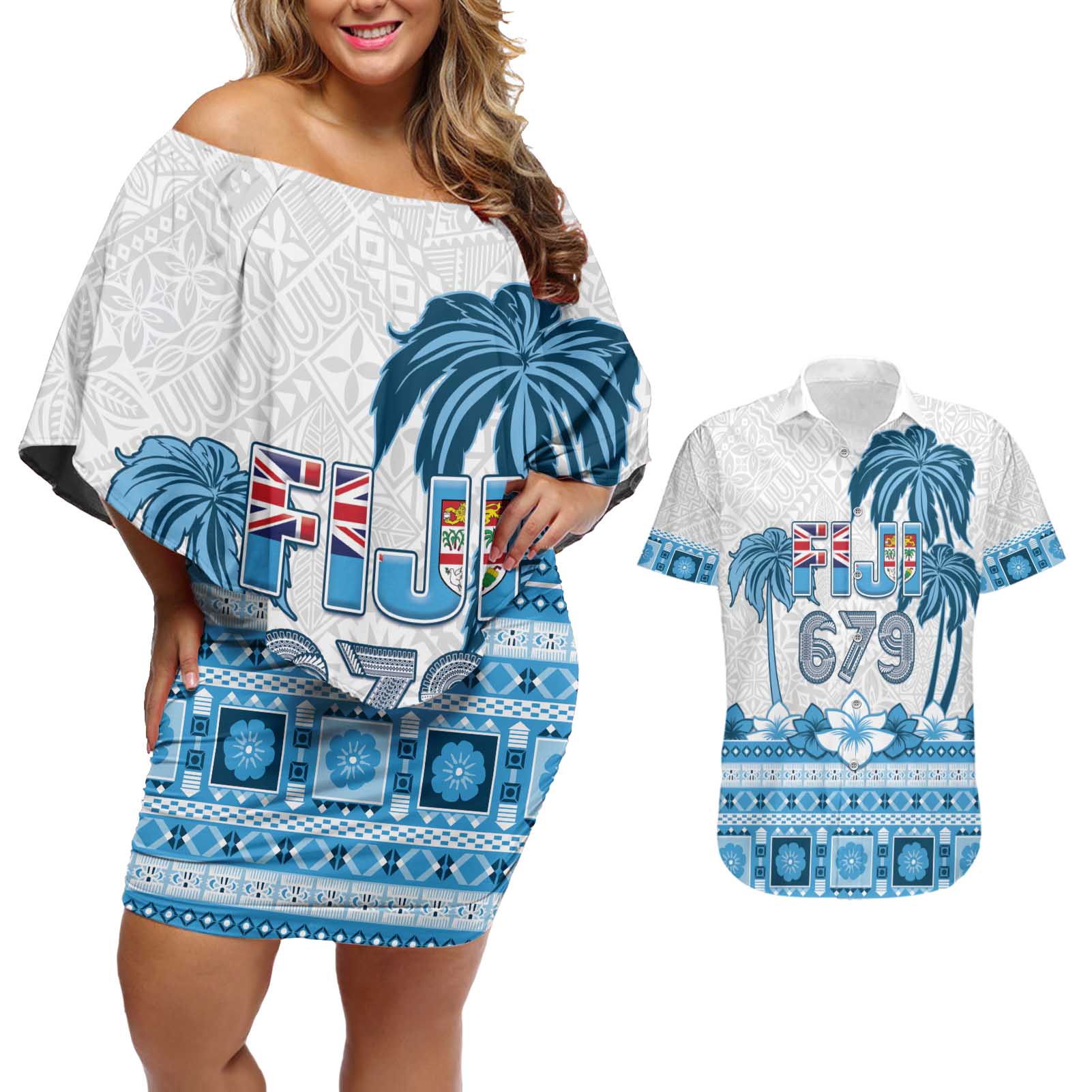 Fiji 679 Constitution Day Couples Matching Off Shoulder Short Dress and Hawaiian Shirt Fijian Tapa Pattern