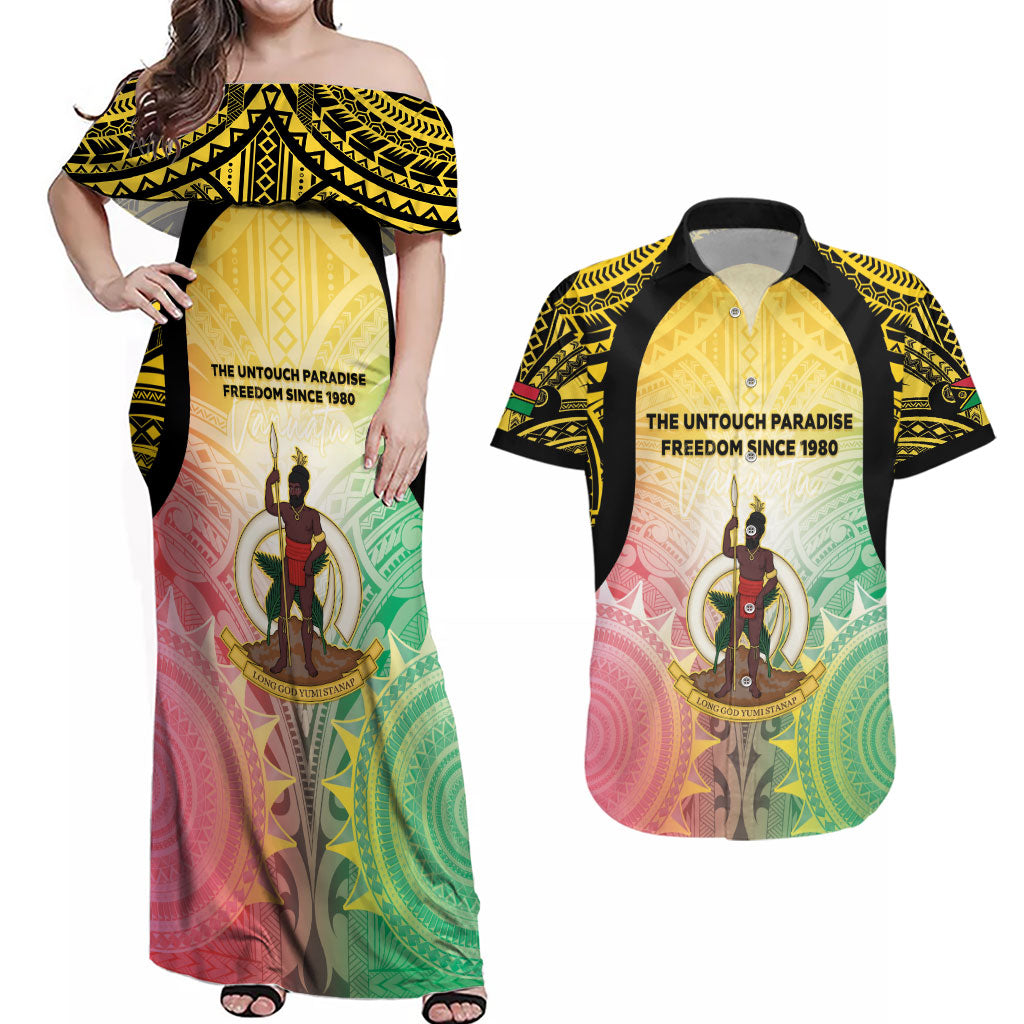Vanuatu Independence Day Couples Matching Off Shoulder Maxi Dress and Hawaiian Shirt The Untouched Paradise LT05 Colorful - Polynesian Pride