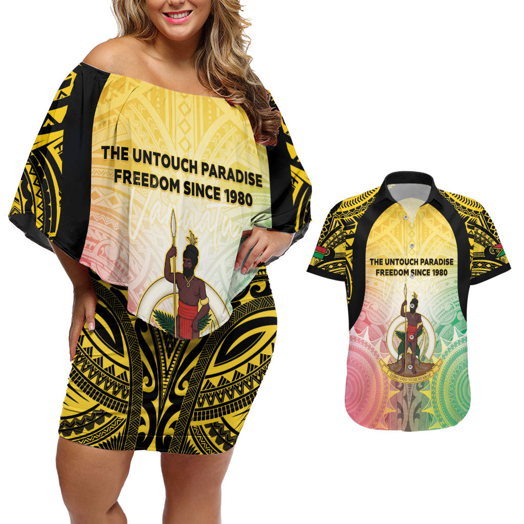 Vanuatu Independence Day Couples Matching Off Shoulder Short Dress and Hawaiian Shirt The Untouched Paradise LT05 Colorful - Polynesian Pride