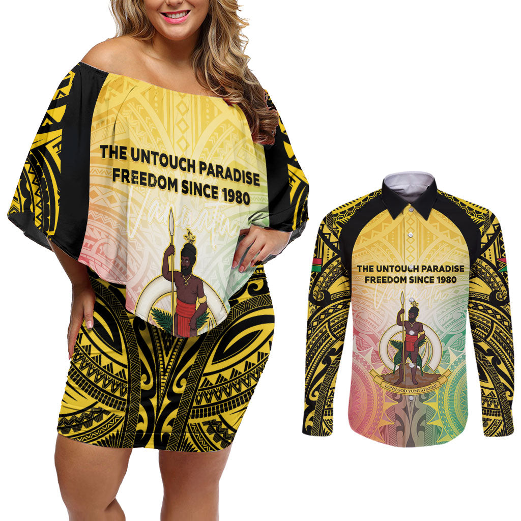Vanuatu Independence Day Couples Matching Off Shoulder Short Dress and Long Sleeve Button Shirt The Untouched Paradise