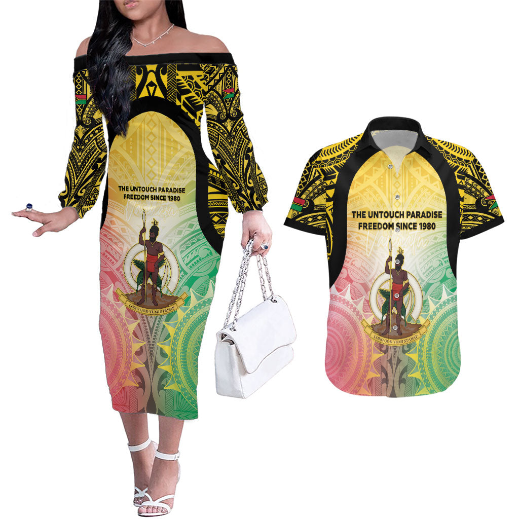 Vanuatu Independence Day Couples Matching Off The Shoulder Long Sleeve Dress and Hawaiian Shirt The Untouched Paradise