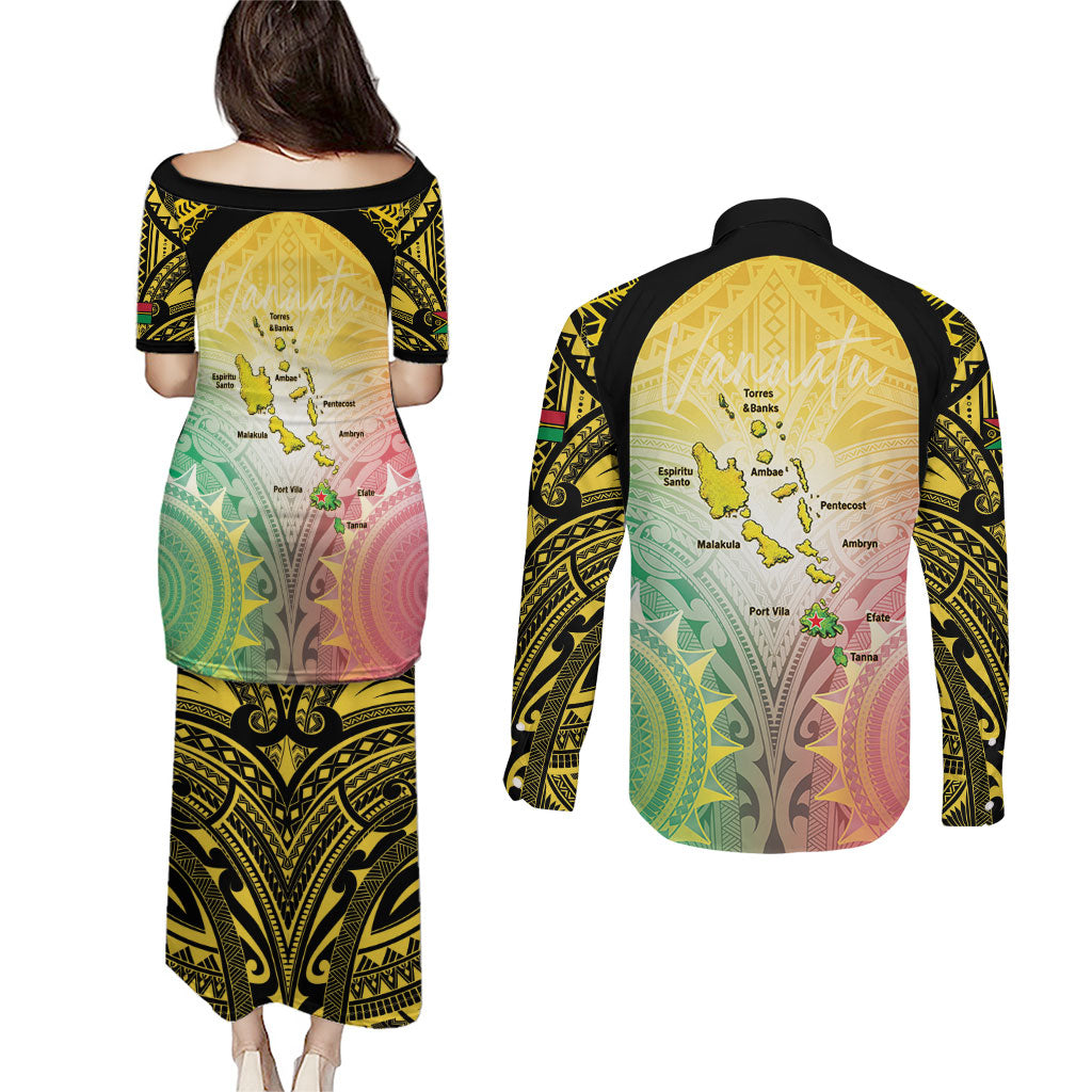 Vanuatu Independence Day Couples Matching Puletasi and Long Sleeve Button Shirt The Untouched Paradise