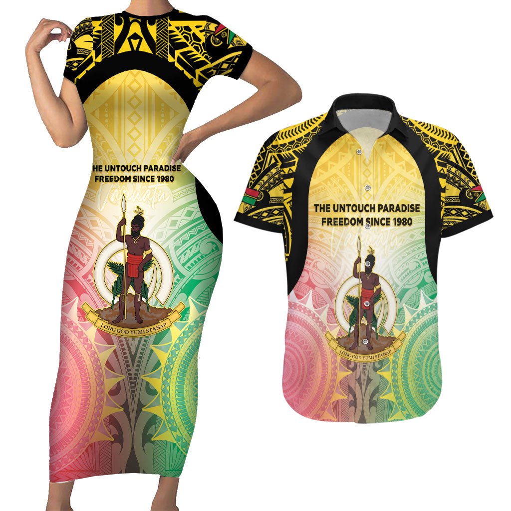 Vanuatu Independence Day Couples Matching Short Sleeve Bodycon Dress and Hawaiian Shirt The Untouched Paradise LT05 Colorful - Polynesian Pride