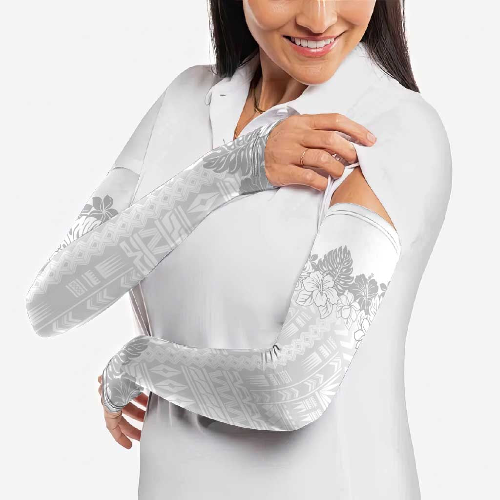 Samoa Lotu Tamaiti Arm Sleeves White Sunday Polynesian Pattern With Tropical Flowers - Polynesian Pride