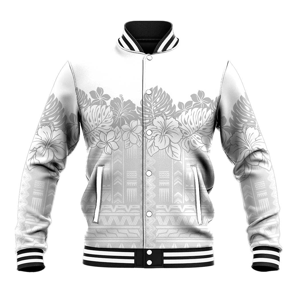 Samoa Lotu Tamaiti Baseball Jacket White Sunday Polynesian Pattern With Tropical Flowers