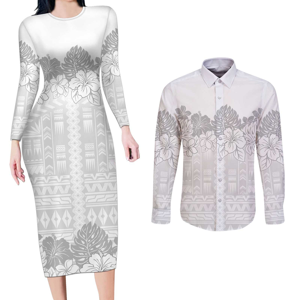 Samoa Lotu Tamaiti Couples Matching Long Sleeve Bodycon Dress and Long Sleeve Button Shirt White Sunday Polynesian Pattern With Tropical Flowers