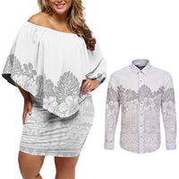 Samoa Lotu Tamaiti Couples Matching Off Shoulder Short Dress and Long Sleeve Button Shirt White Sunday Polynesian Pattern With Tropical Flowers