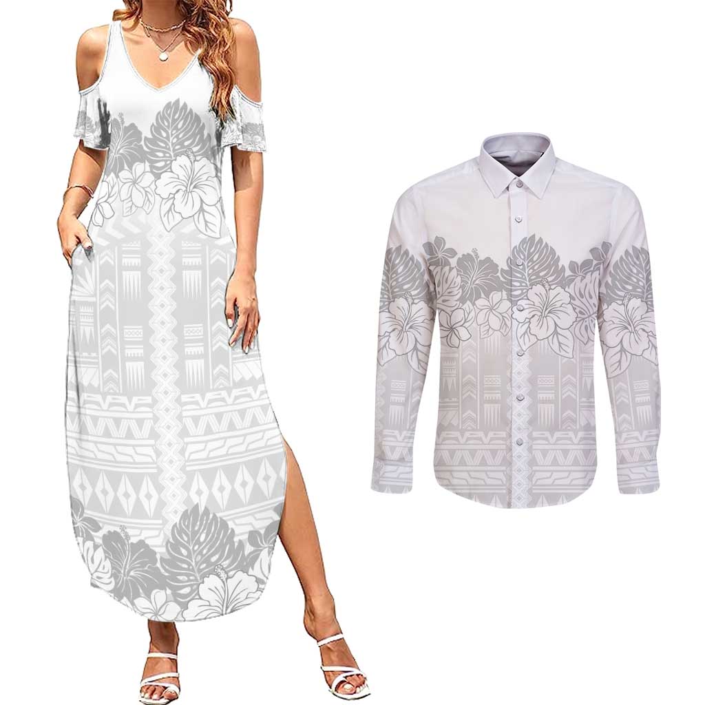 Samoa Lotu Tamaiti Couples Matching Summer Maxi Dress and Long Sleeve Button Shirt White Sunday Polynesian Pattern With Tropical Flowers