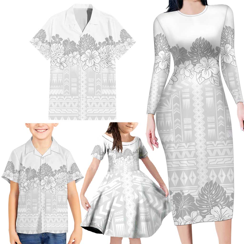 Samoa Lotu Tamaiti Family Matching Long Sleeve Bodycon Dress and Hawaiian Shirt White Sunday Polynesian Pattern With Tropical Flowers