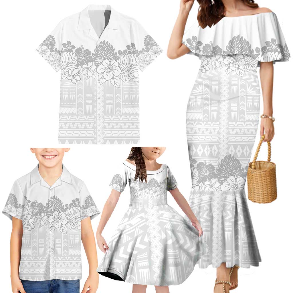 Samoa Lotu Tamaiti Family Matching Mermaid Dress and Hawaiian Shirt White Sunday Polynesian Pattern With Tropical Flowers