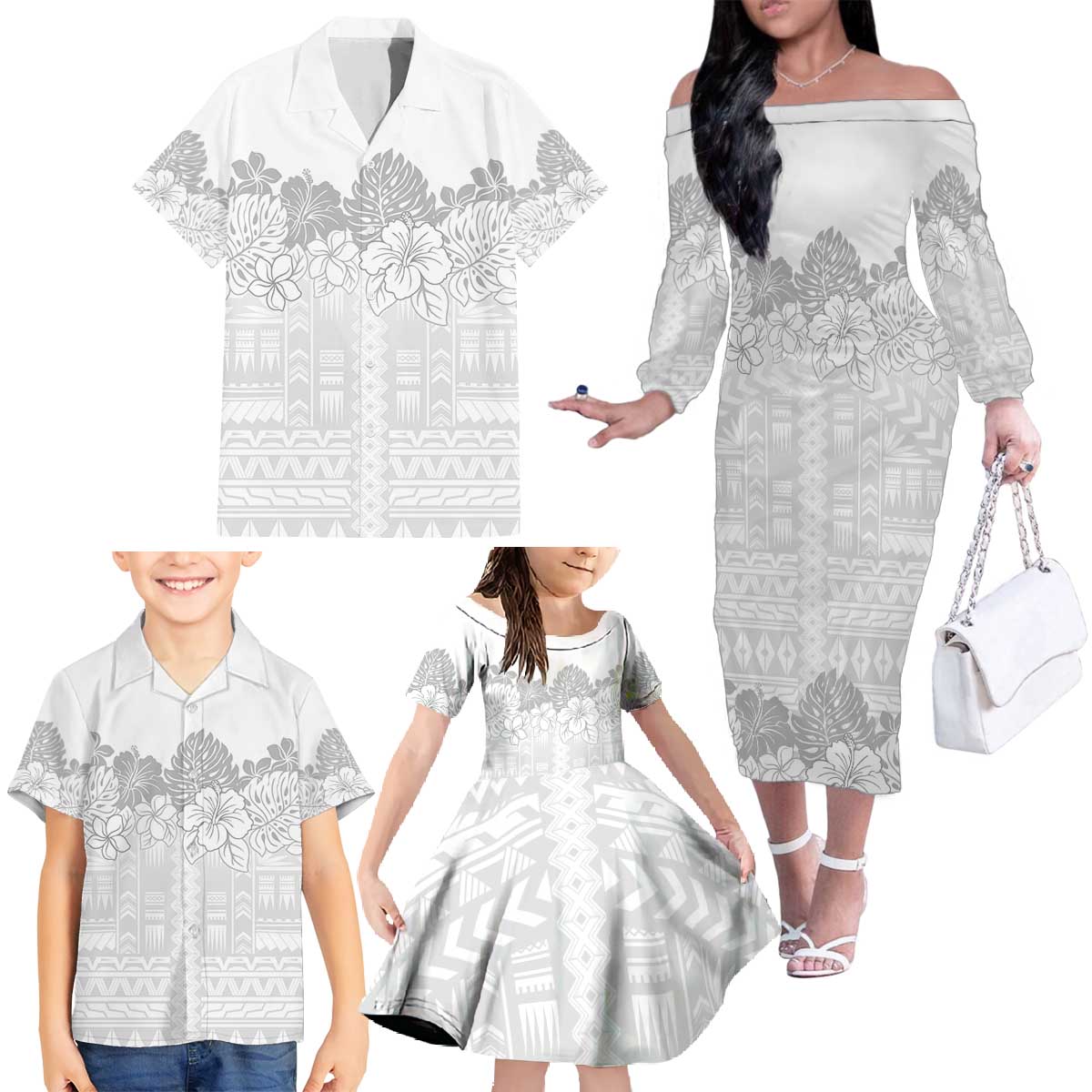 Samoa Lotu Tamaiti Family Matching Off The Shoulder Long Sleeve Dress and Hawaiian Shirt White Sunday Polynesian Pattern With Tropical Flowers