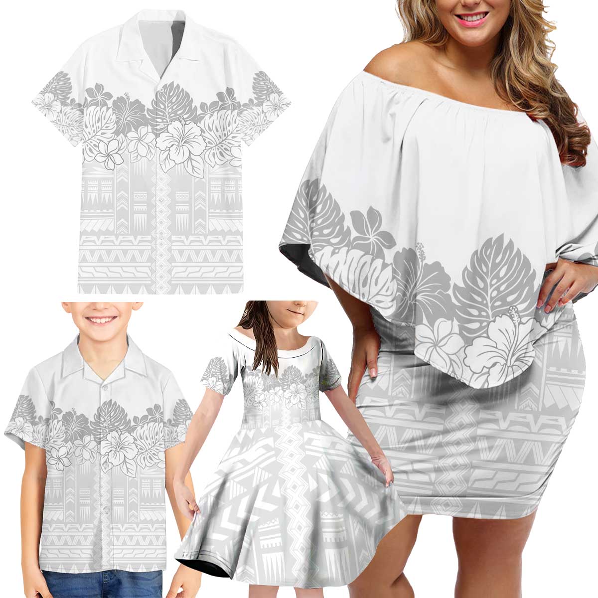 Samoa Lotu Tamaiti Family Matching Off Shoulder Short Dress and Hawaiian Shirt White Sunday Polynesian Pattern With Tropical Flowers