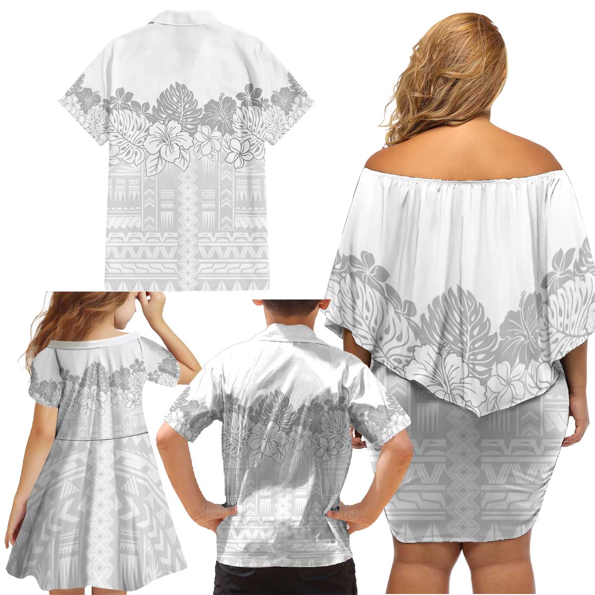 Samoa Lotu Tamaiti Family Matching Off Shoulder Short Dress and Hawaiian Shirt White Sunday Polynesian Pattern With Tropical Flowers