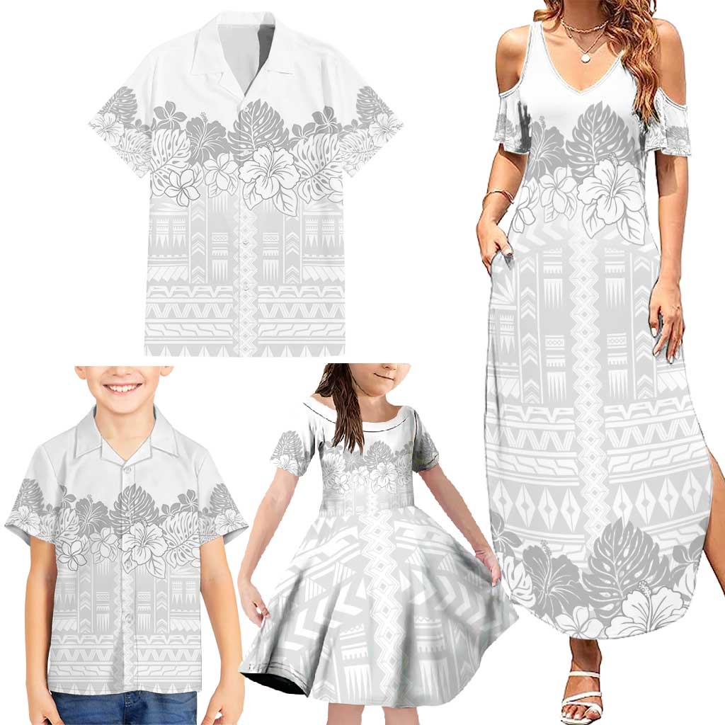 Samoa Lotu Tamaiti Family Matching Summer Maxi Dress and Hawaiian Shirt White Sunday Polynesian Pattern With Tropical Flowers