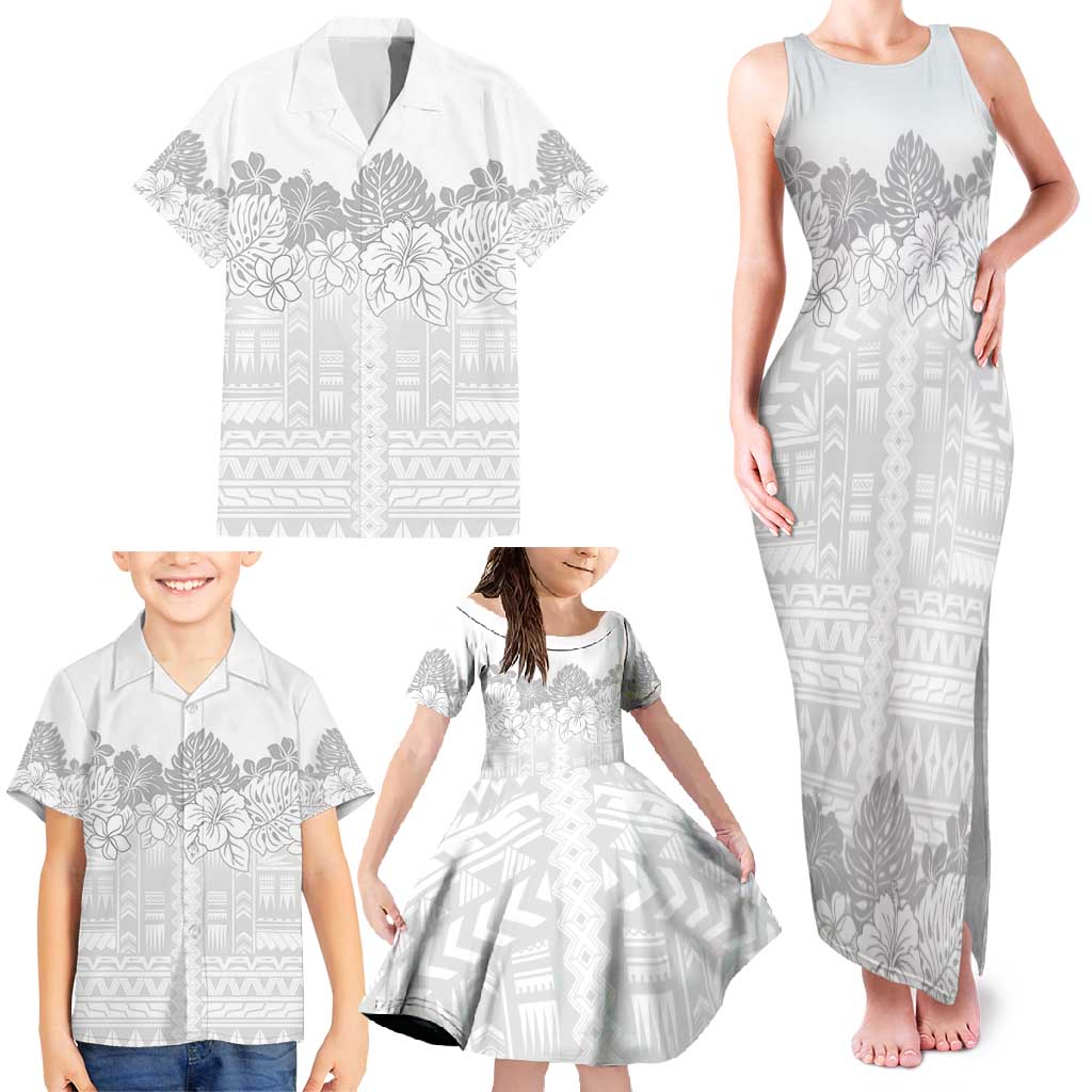 Samoa Lotu Tamaiti Family Matching Tank Maxi Dress and Hawaiian Shirt White Sunday Polynesian Pattern With Tropical Flowers