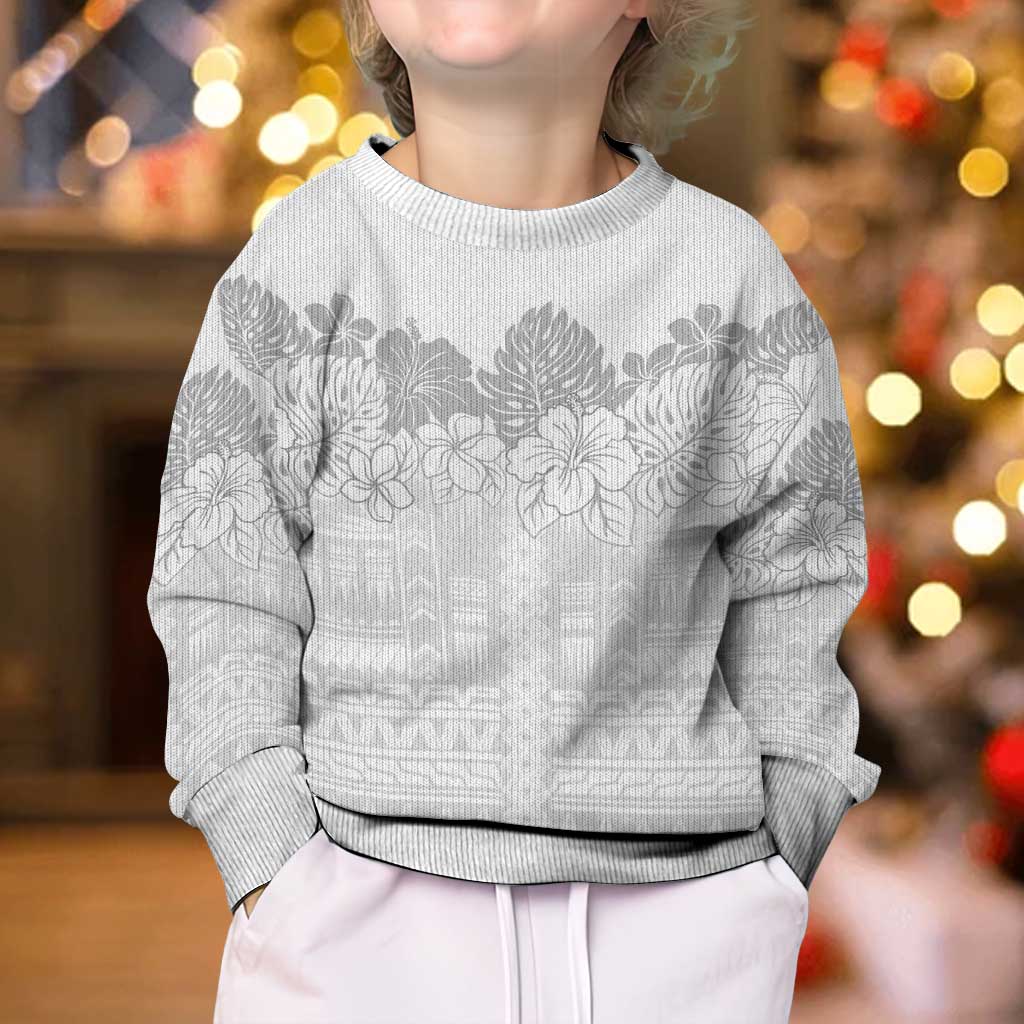 Samoa Lotu Tamaiti Kid Ugly Christmas Sweater White Sunday Polynesian Pattern With Tropical Flowers
