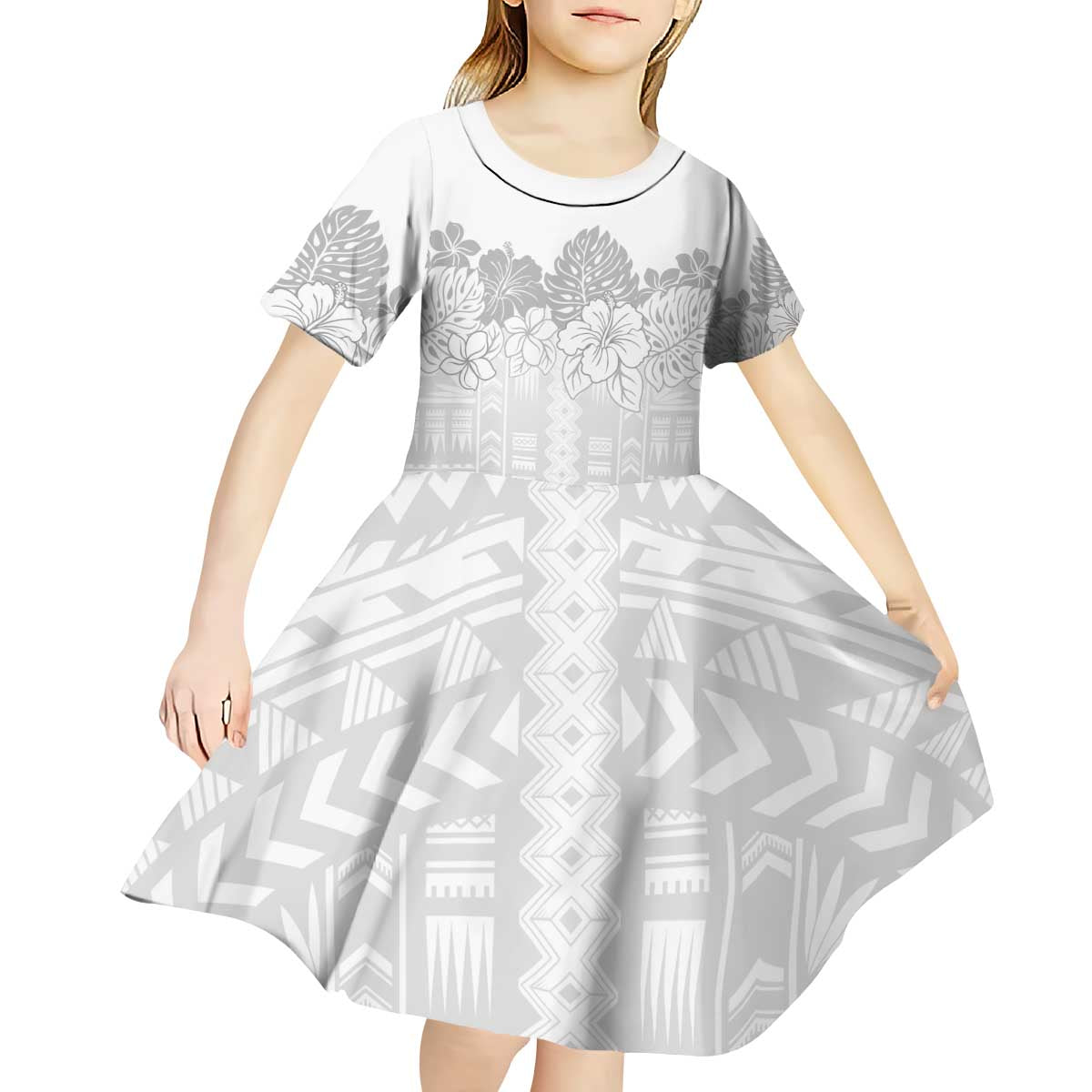 Samoa Lotu Tamaiti Kid Short Sleeve Dress White Sunday Polynesian Pattern With Tropical Flowers