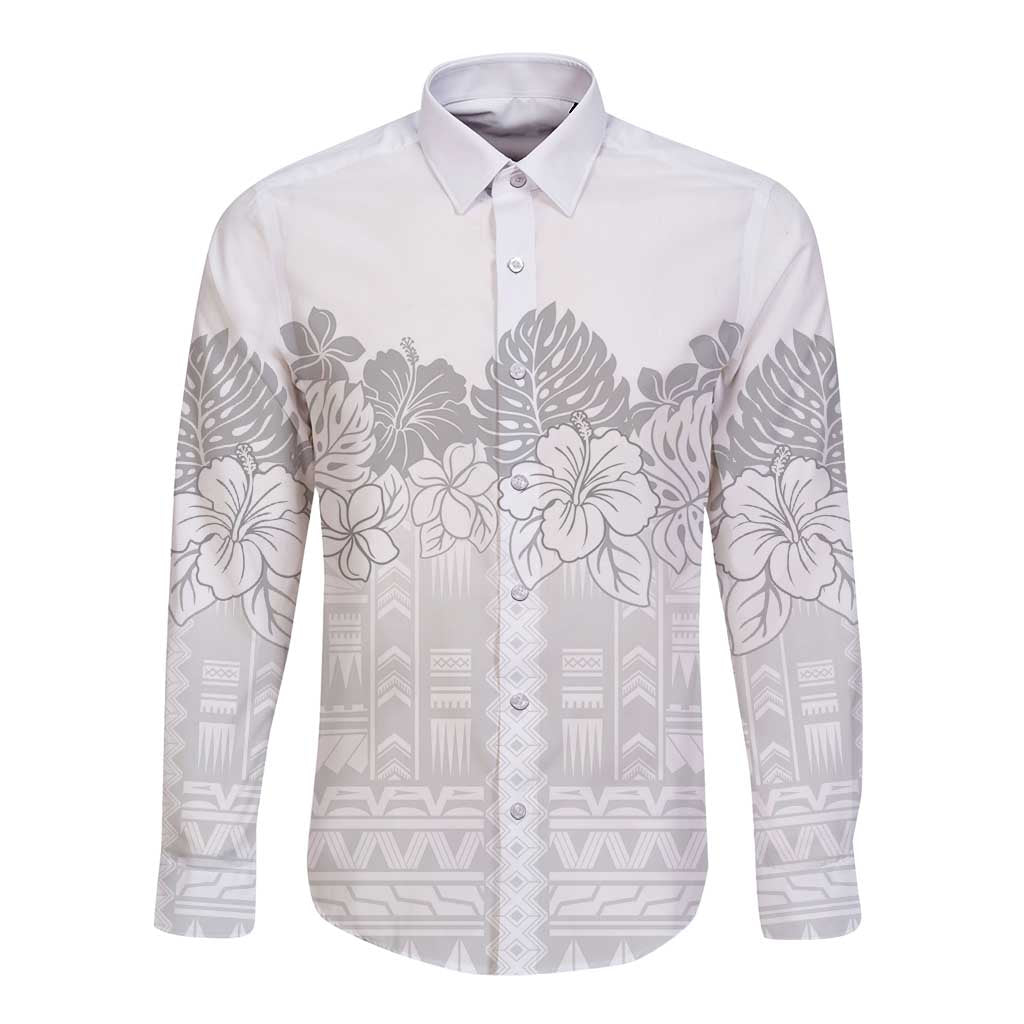 Samoa Lotu Tamaiti Long Sleeve Button Shirt White Sunday Polynesian Pattern With Tropical Flowers