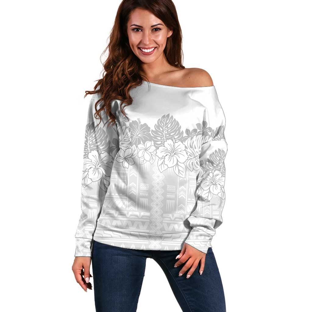 Samoa Lotu Tamaiti Off Shoulder Sweater White Sunday Polynesian Pattern With Tropical Flowers