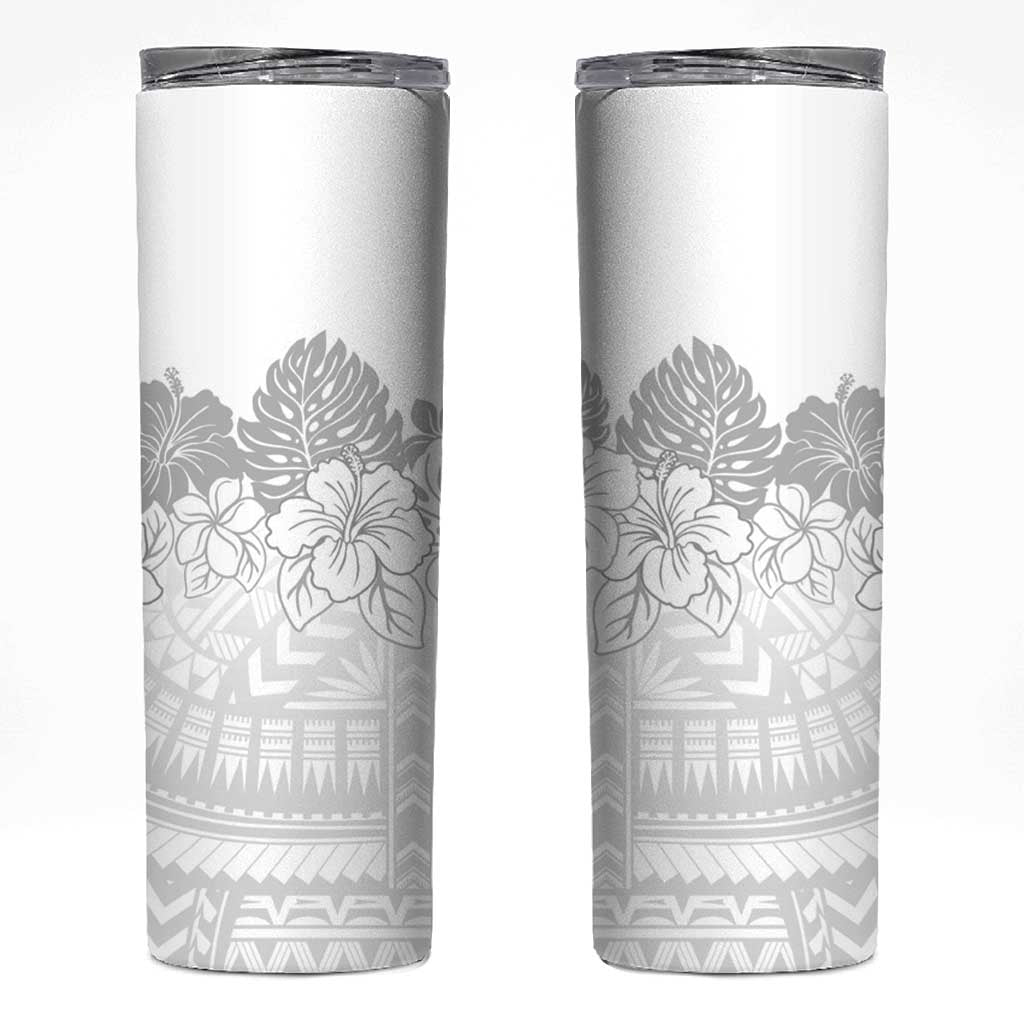 Samoa Lotu Tamaiti Skinny Tumbler White Sunday Polynesian Pattern With Tropical Flowers