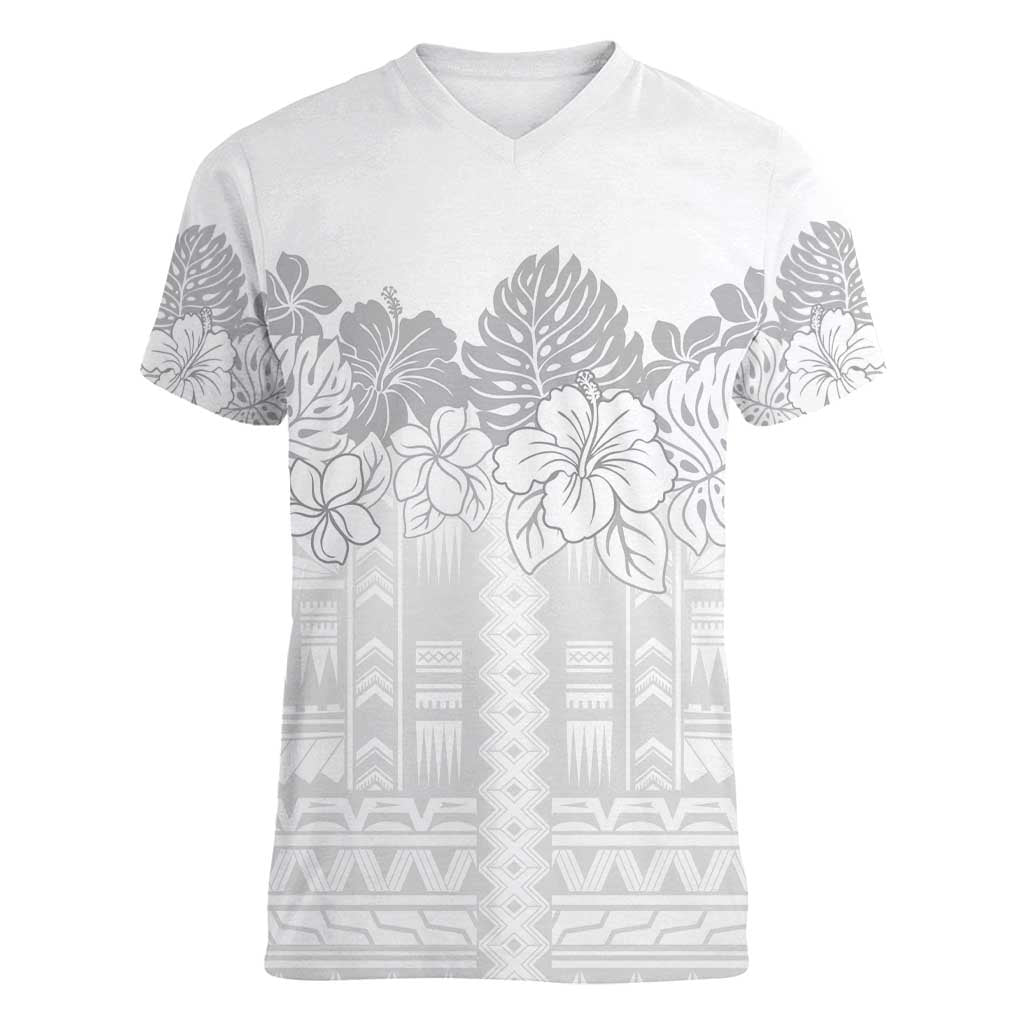 Samoa Lotu Tamaiti Women V-Neck T-Shirt White Sunday Polynesian Pattern With Tropical Flowers