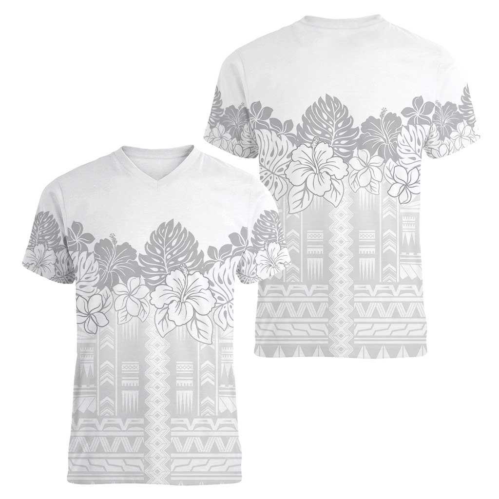 Samoa Lotu Tamaiti Women V-Neck T-Shirt White Sunday Polynesian Pattern With Tropical Flowers