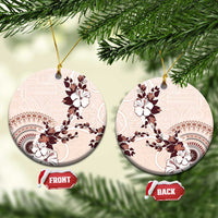 Bula Fiji Language Week Ceramic Ornament Fijian Tapa Pattern With Tagimoucia Flower LT05 Circle Beige - Polynesian Pride