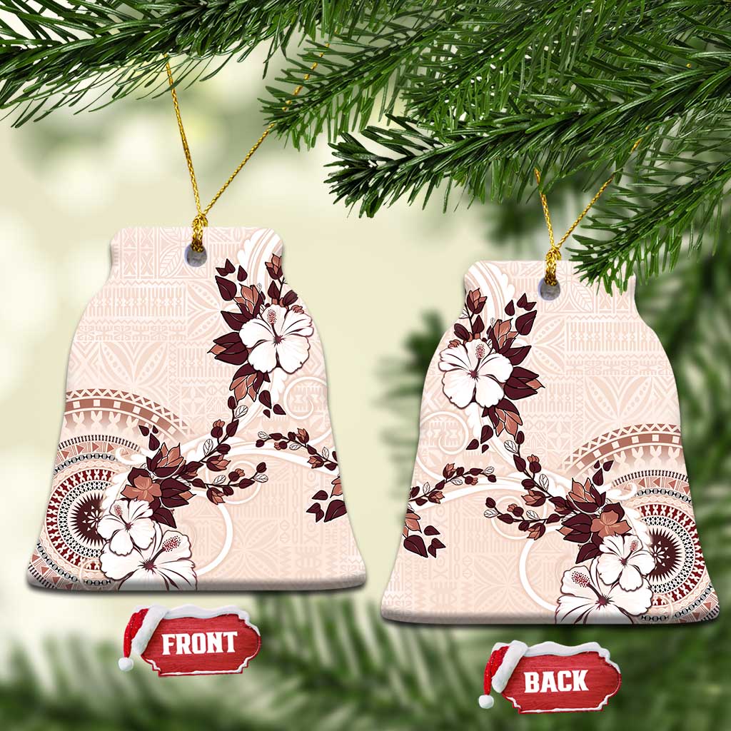 Bula Fiji Language Week Ceramic Ornament Fijian Tapa Pattern With Tagimoucia Flower LT05 Bell Flake Beige - Polynesian Pride