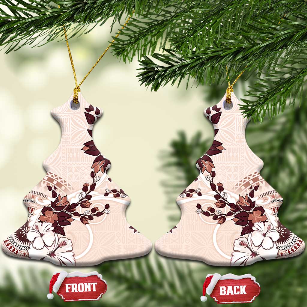 Bula Fiji Language Week Ceramic Ornament Fijian Tapa Pattern With Tagimoucia Flower LT05 Christmas Tree Beige - Polynesian Pride