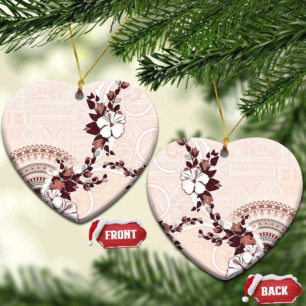 Bula Fiji Language Week Ceramic Ornament Fijian Tapa Pattern With Tagimoucia Flower LT05 Heart Beige - Polynesian Pride