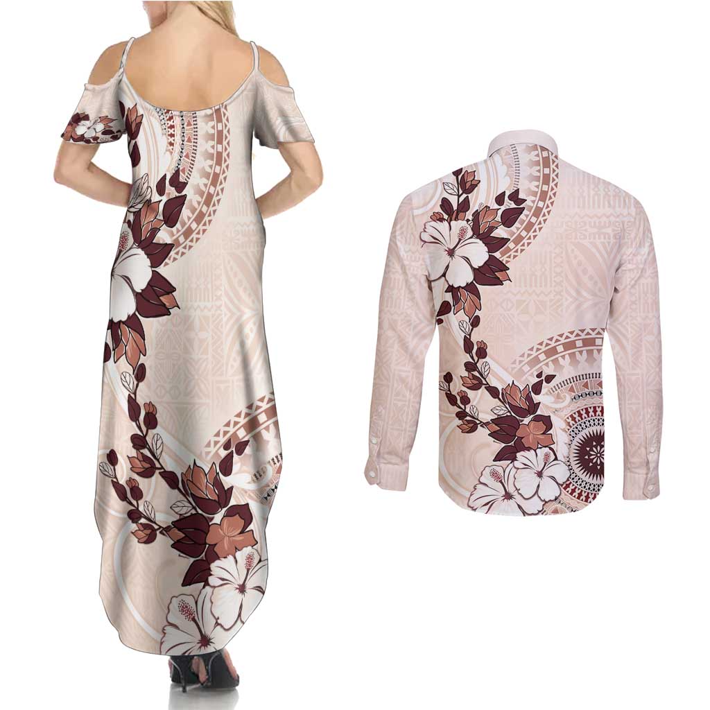 Bula Fiji Language Week Couples Matching Summer Maxi Dress and Long Sleeve Button Shirt Fijian Tapa Pattern With Tagimoucia Flower