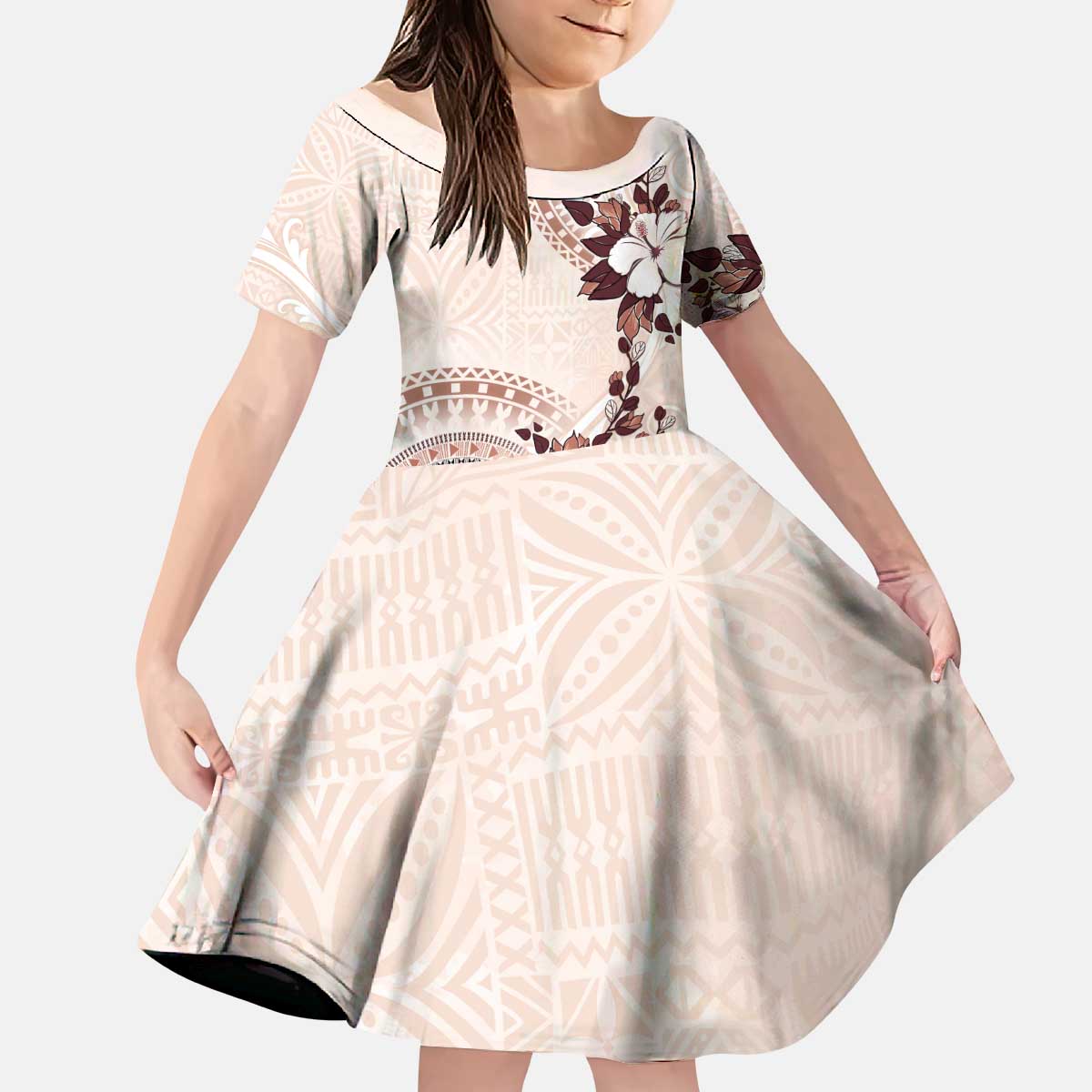 Bula Fiji Language Week Kid Short Sleeve Dress Fijian Tapa Pattern With Tagimoucia Flower