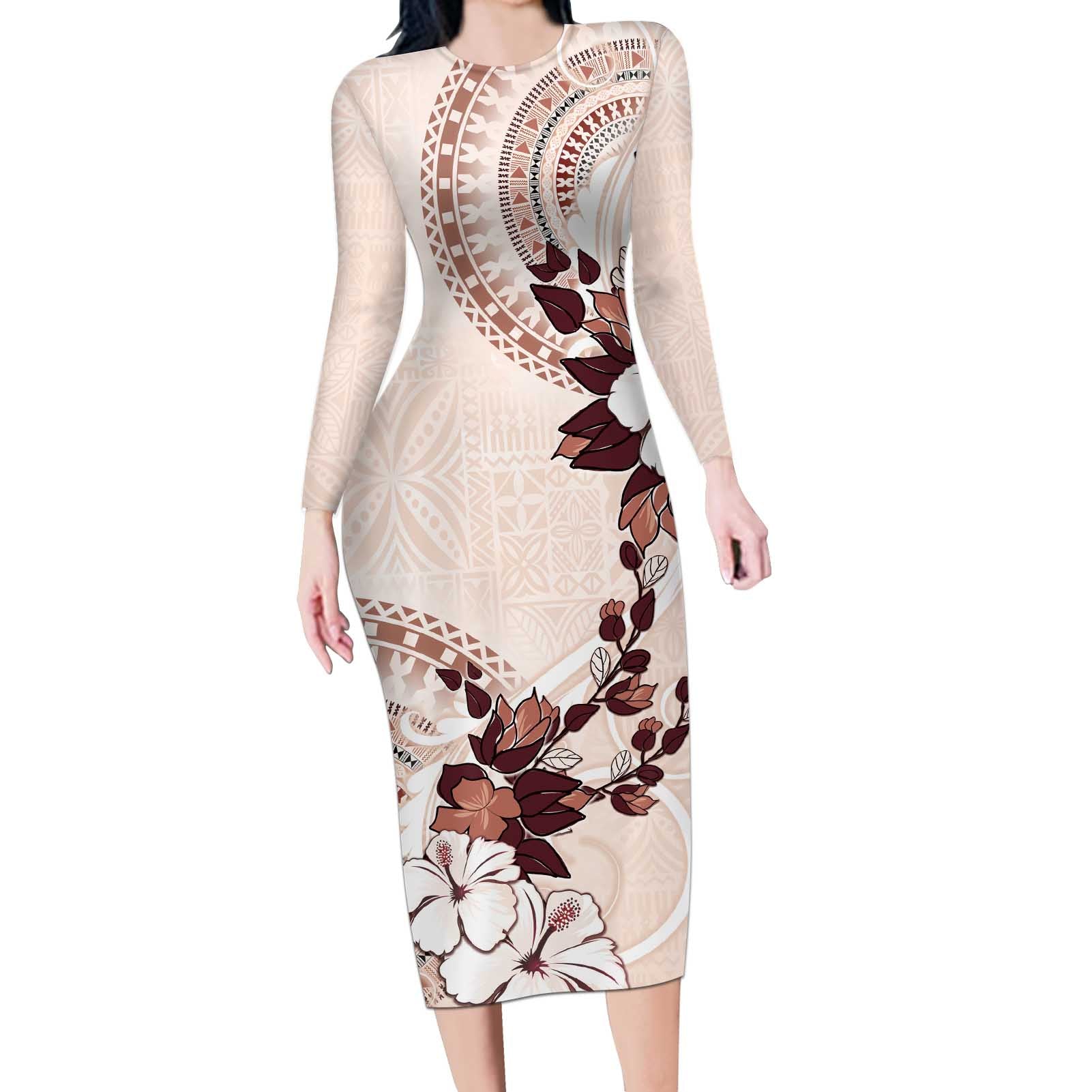 Bula Fiji Language Week Long Sleeve Bodycon Dress Fijian Tapa Pattern With Tagimoucia Flower