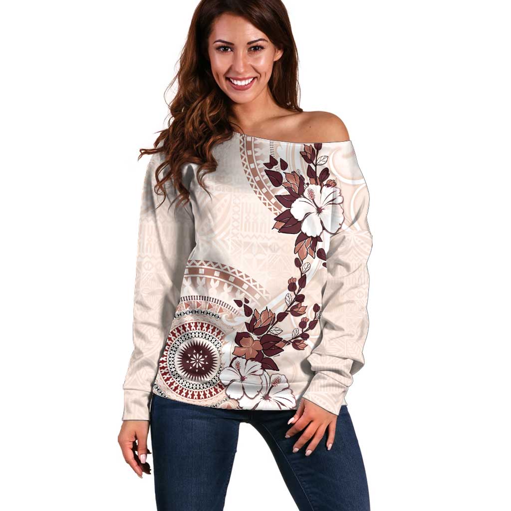 Bula Fiji Language Week Off Shoulder Sweater Fijian Tapa Pattern With Tagimoucia Flower